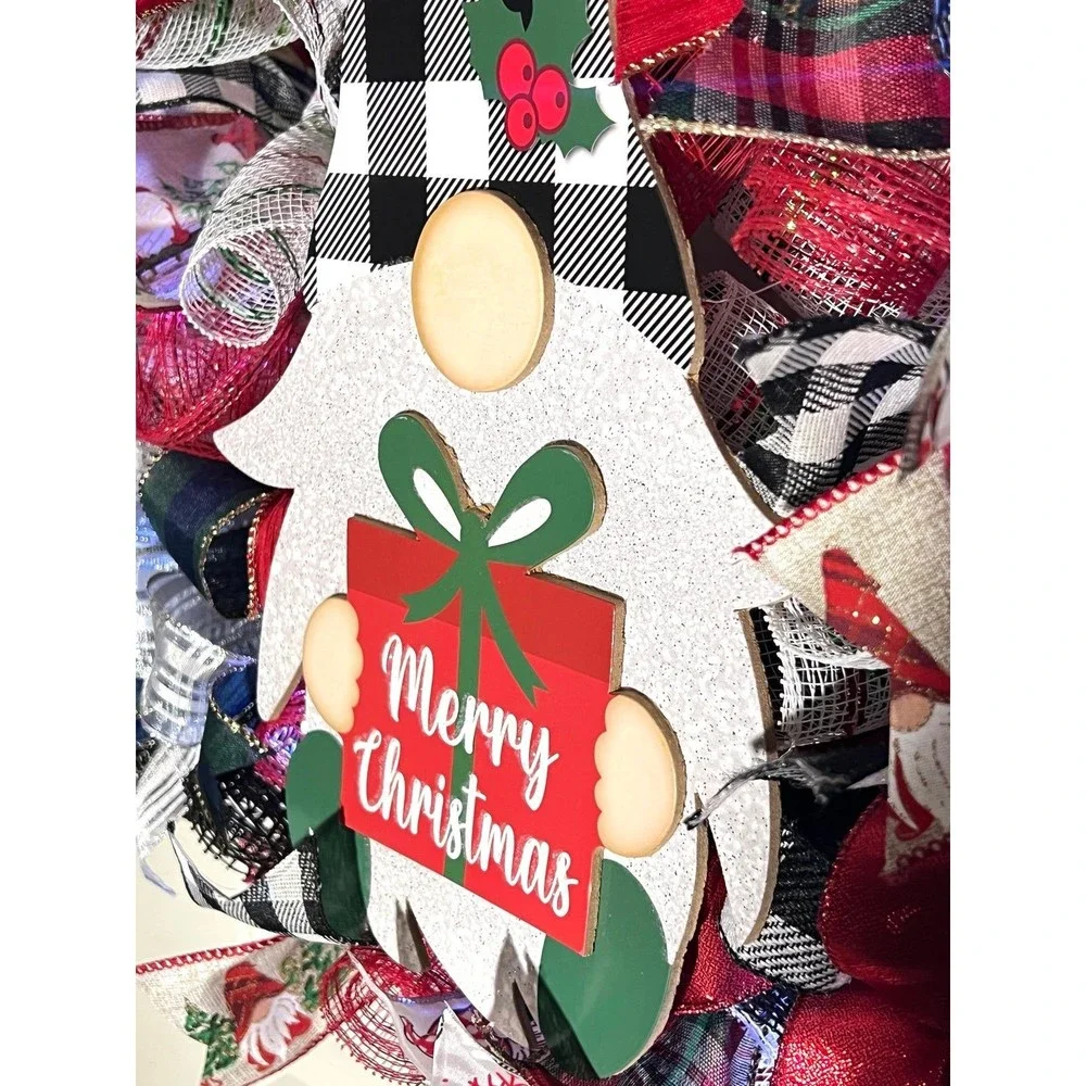 Handmade Merry Christmas Gnome Holiday Ribbon Door Wreath 22 ins W47
